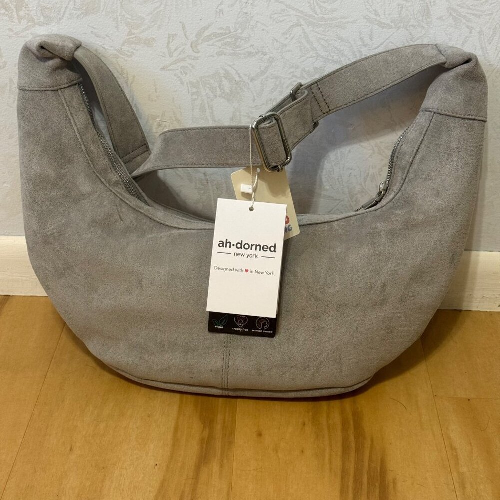 Grey Suede Crossbody Shoulder Bag With Adjustable Strap By Ah-Dorned New York